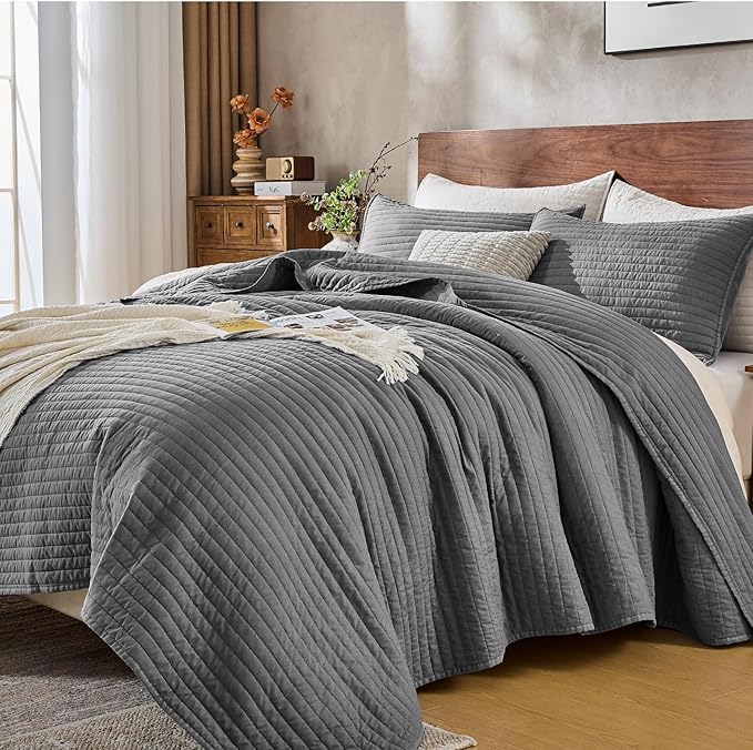DOWN HOME King Quilt Bedding Set with Shams, Vintage Washed Soft Quilted Blanket Thin Comforter Lightweight Bedspread Coverlet Bed Cover, Brushed Microfiber Stripe Stitching, Ash Gray, 104"x90"