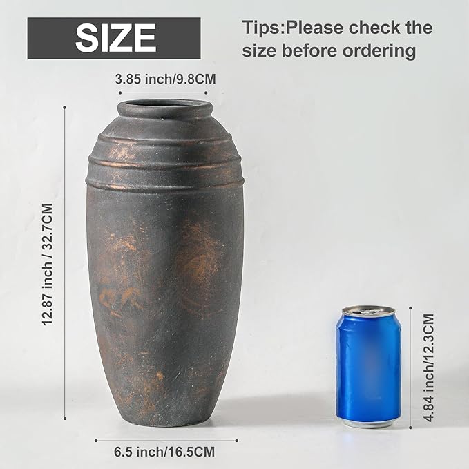 Large Ceramic Rustic Vase - 12.87 inch Tall Decorative Farmhouse Vase for Home Decor, Living Room, Shelf Decor, Enterway, Office, Table Decoration