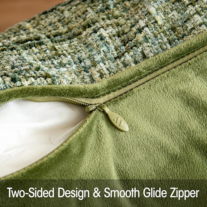 A Moment Christmas Dark Green Reversible Pillow Covers 2 Pack - Farmhouse Chenille Throw Pillows, Neutral Textured Decorative Throw Pillow Covers with Border for Couch Sofa Bed (20x20 Inch, No Insert)