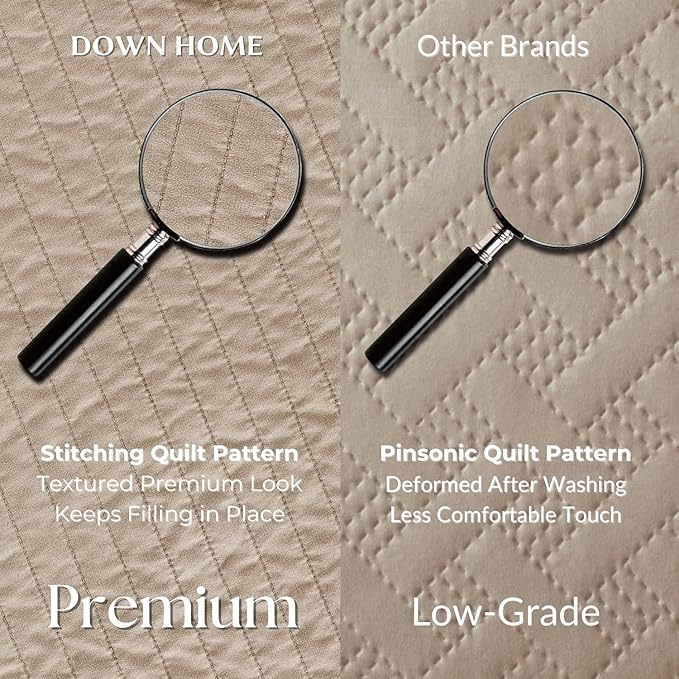 DOWN HOME King Quilt Bedding Set with Shams, Vintage Washed Soft Quilted Blanket Thin Comforter Lightweight Bedspread Coverlet Bed Cover, Brushed Microfiber Stripe Stitching, Brown, 104"x90"