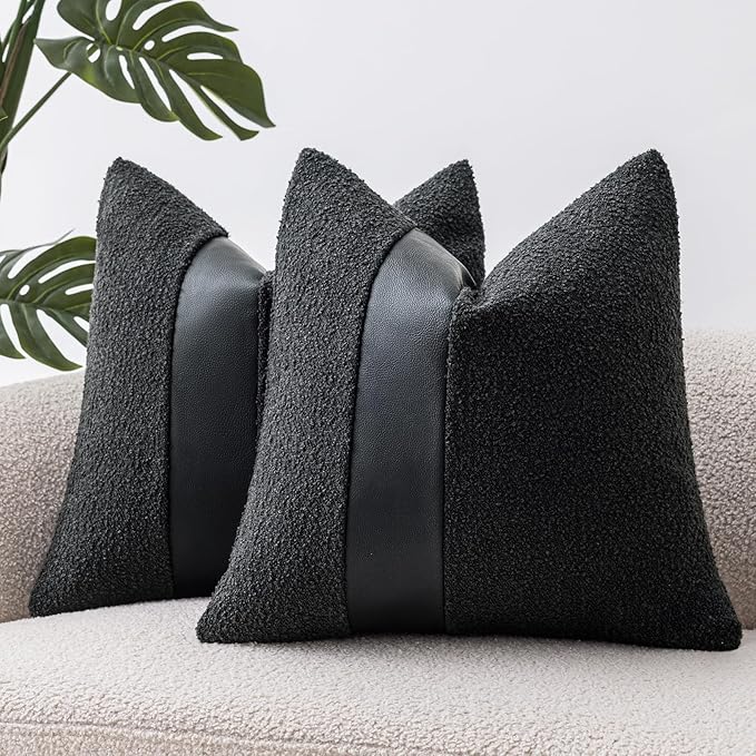 20"x20" Charcoal Black Boucle Throw Pillow Covers with Faux Leather Accents Set of 2 Fluffy Textured Decorative Pillow Cases for Couch Bed Boho Farmhouse Square Cushion Covers for Nordic Home