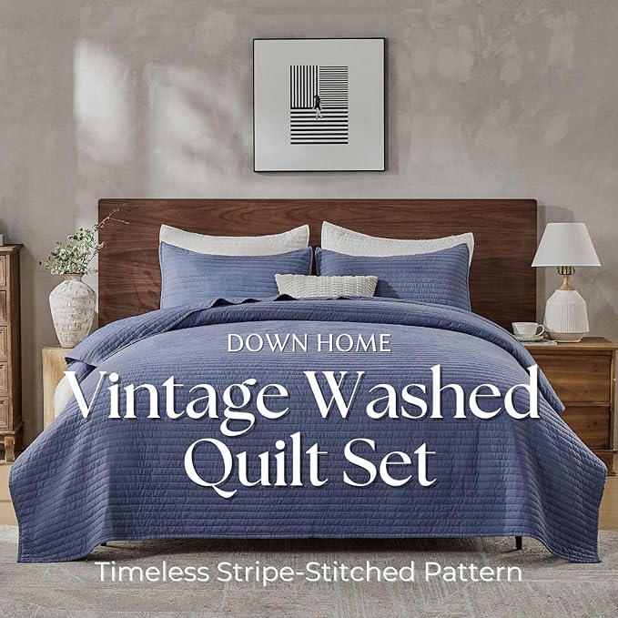 DOWN HOME Queen Quilt Bedding Set with Shams, Vintage Washed Soft Quilted Blanket Thin Comforter Lightweight Bedspread Coverlet Bed Cover, Brushed Microfiber Stripe Stitching, Vintage Denim, 86"x90"