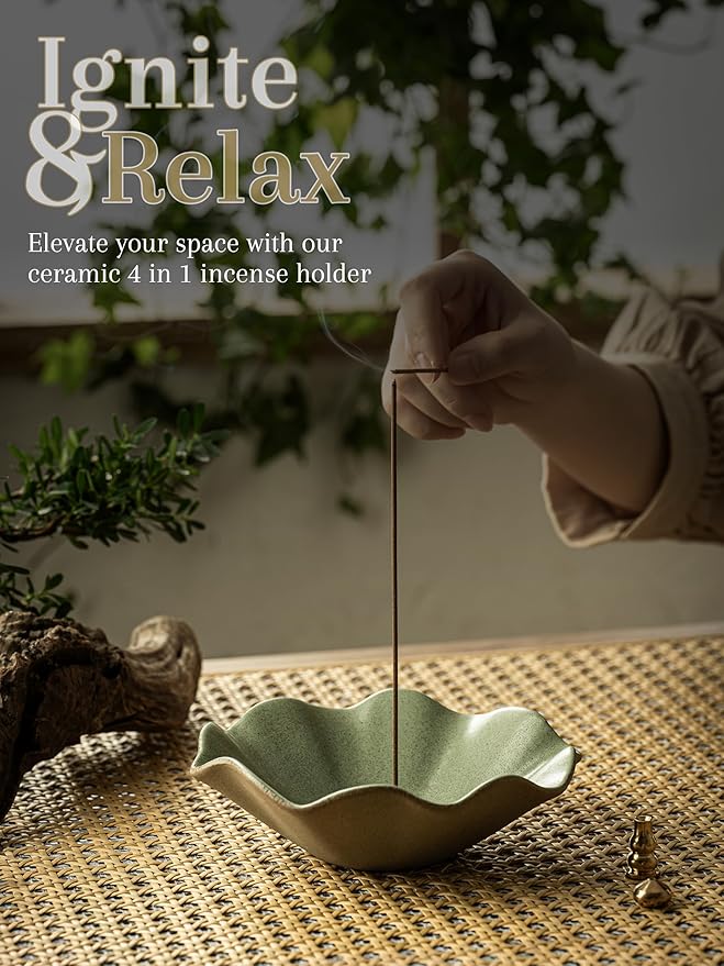Incense Holder with 3 Incense Sockets 6 Inch Incense Burner 4 in 1 Insence-Stick Holder Lotus-Shaped Bowl Incense Holder for Sticks Modern Incense Cone Burner for Yoga, Green