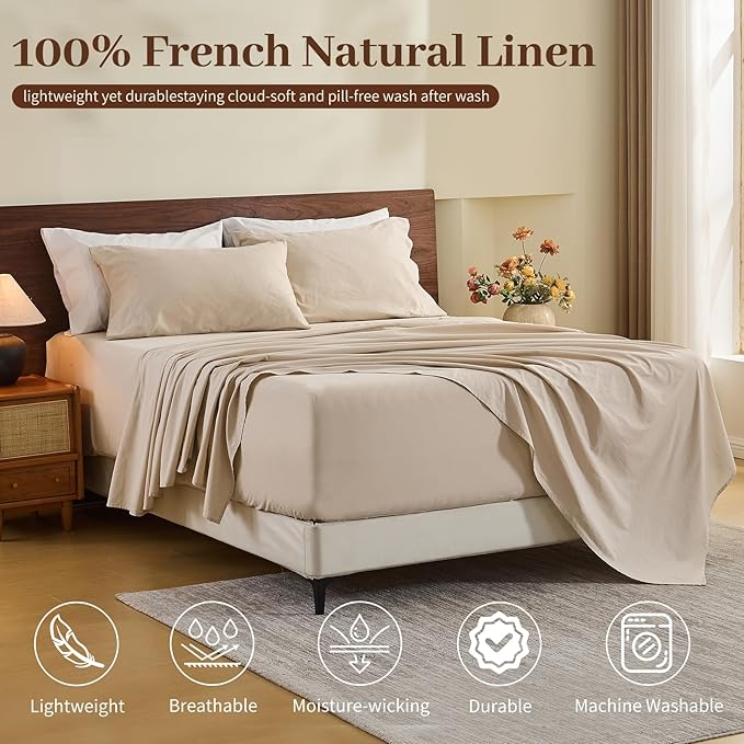 MEISHANG 100% French Pure Linen Sheets Queen Size - Extra Deep Pocket Sheet Set, Soft Durable Flax Linen, Anti-Tear Breathable & Oeko-Tex Certified 18-24 Deep Pocket,All Season(Linen)