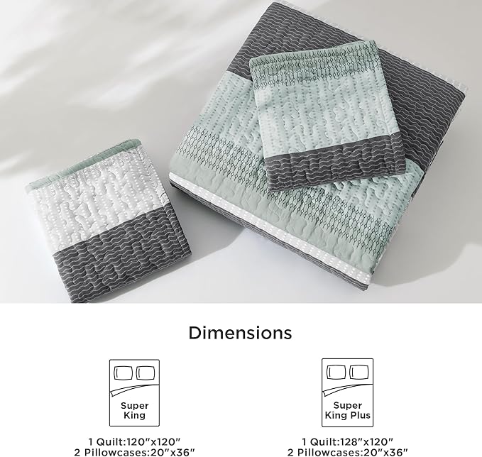 Litanika Oversized King Quilt Set Sage Green, 120x120 Stripe Bedspread Coverlet 3 Pieces, Sage Green Lightweight Quilted Bedding Set for All Season(Super King-1 Quilt, 2 Pillowcases)