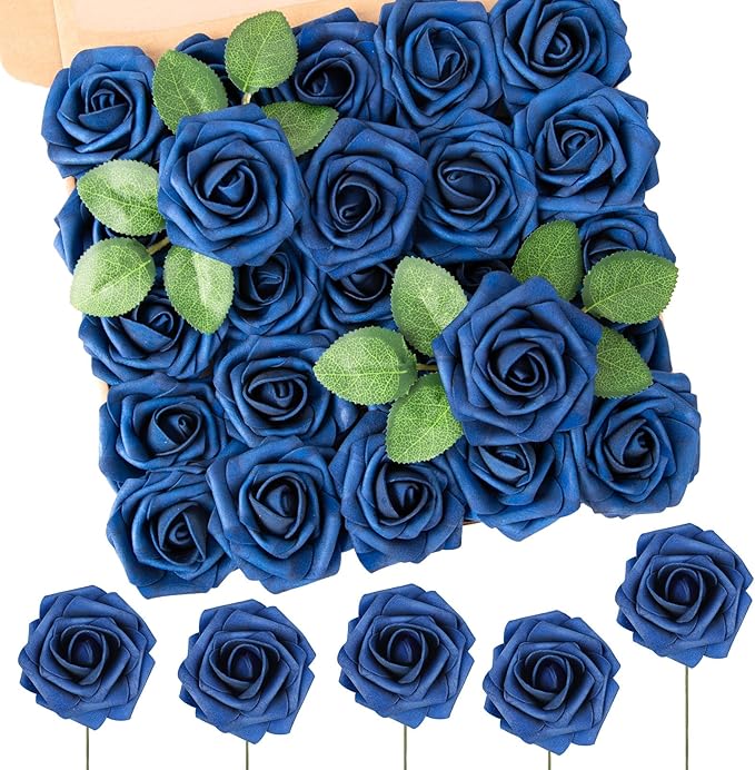 N&T NIETING Artificial Flowers Navy Blue Roses 50Pcs Fake Flowers Foam Roses with Stems for DIY Wedding Bridesmaid Bridal Bouquets Centerpieces Party Home Decoration Baby Shower