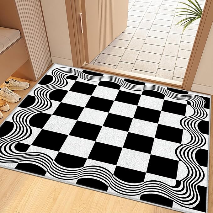 Checkered Area Rug, Checkerboard Rug 5x8, Geometric Plaid Washable Rugs, Modern Checkered Area Rugs, Wavy Line Carpet Non Slip for Bedroom Retro Home Decor Mat