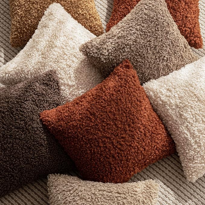 Foindtower Set of 2 Curly Teddy Wool Pillow Covers Decorative Boucle Textured Lumbar Throw Pillow Faux Fur Sherpa Pillowcases Sheepskin Fuzzy Cushion Case for Sofa Bedroom Car 12"x20" Hazel Brown