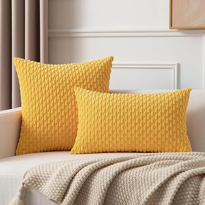 Kevin Textile 2 Packs Decorative Throw Pillow Covers for Couch Striped Velvet Boho Cushion Covers for Chair 40x40 cm 16 x 16 Inch Yellow