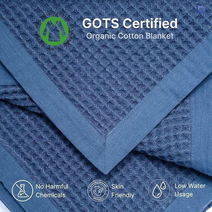 GOTS Certified Organic Cotton Waffle Weave Blanket, Queen Bed Size, 90"X90"Cozy Throw Blanket for Couch, Modern Home Decor Throw Blankets,Comfy Waffle Blanket Soft Bed Blankets -Navy Blue