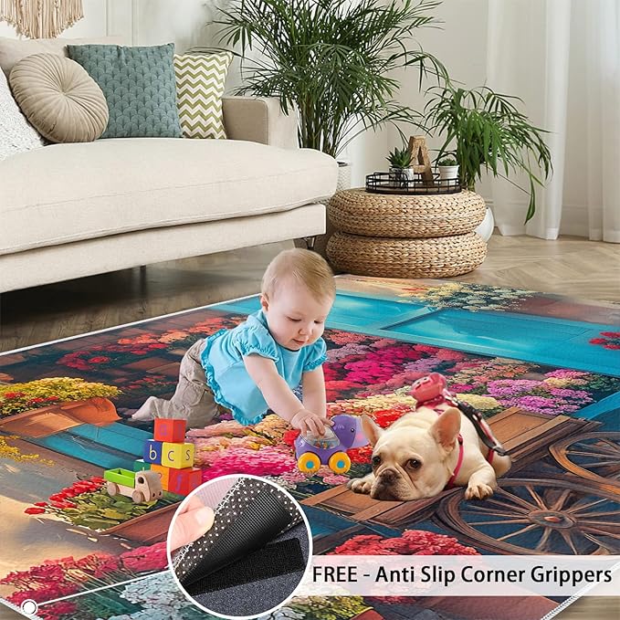 Pastoral Flowers 6x9 Area Rug Colorful Flower Shop Washable Rugs for Living Room Bedroom, Retro Wooden Door Soft Low Pile Non Slip Accent Floor Mat Print Throw Rug Indoor Carpet Dining Room Playroom