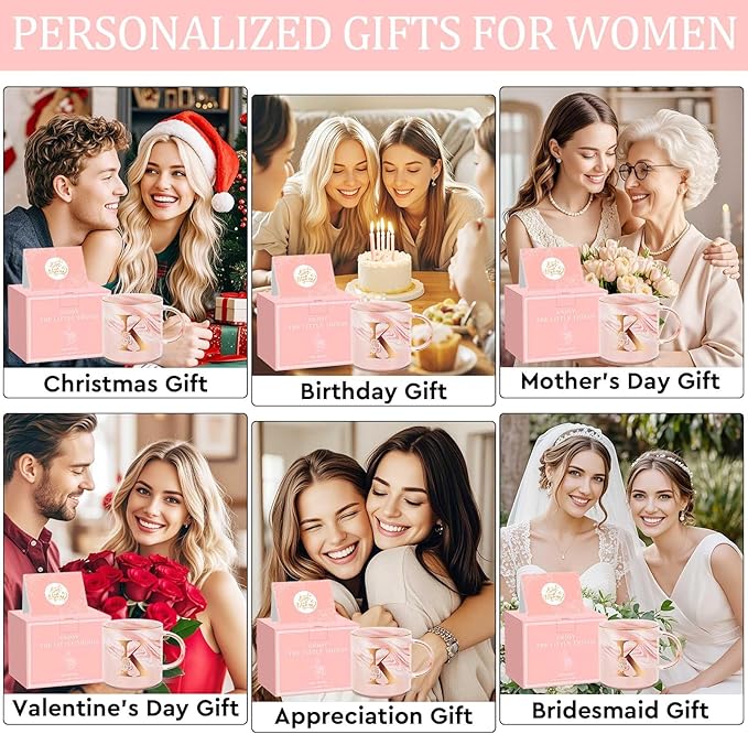 Valentines Day Gifts for Her, Anniversary Birthday Galentines Gifts for Women Mom Grandma Friend Sister Wife Teacher Coworker, Personalized Initial Customized Gift Monogrammed A-Z Coffee Mug 12 OZ(K)