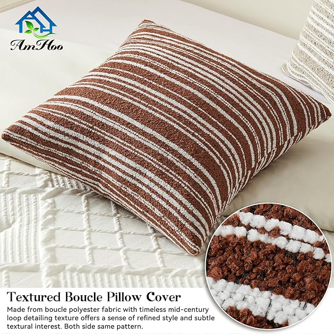 AmHoo Pack of 2 Textured Boucle Throw Pillow Covers Accent Striped Cozy Soft Decorative Couch Cushion Case for Chair Sofa Bedroom Living Room Home Decor 20 x 20-Inch Rustic Brown