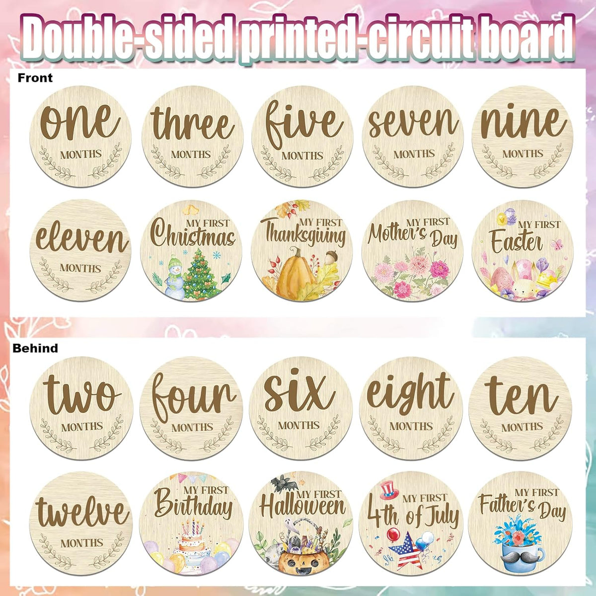 Threetols 11PCS Wooden Baby Monthly Milestone Cards Sign, Double Sided Newborn Photography Prop Pregnancy Journey Baby