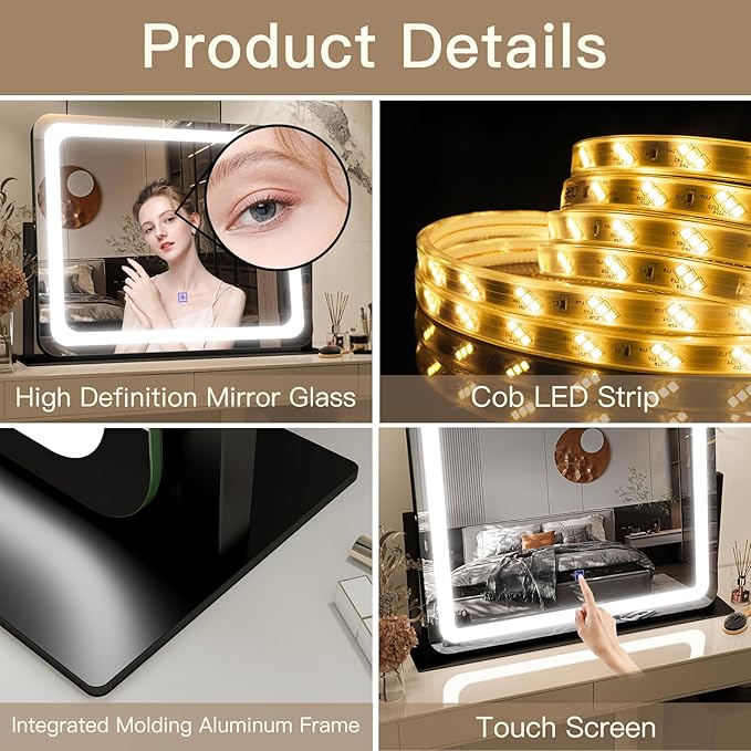 FENNIO Vanity Mirror with Lights 22"x17",LED Lighted Makeup Mirror,Large Makeup Mirror with Lights,Touch Screen with 3-Color Lighting,Led Mirror Makeup,Dimmable,for Vanity Desk Tabletop,Bedroom