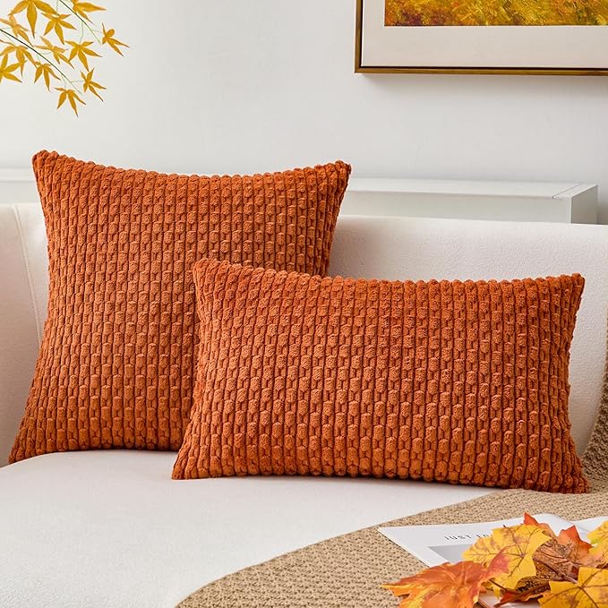 Kevin Textile Fall Corduroy Pillow Covers 26x26 Inch 2 Packs Soft Cozy Euro Pillows with Stripe Pattern Big Throw Pillowcases for Couch Sofa Bedroom Home Decor, Rust