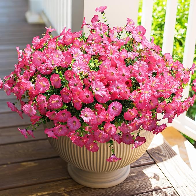 HyeFlora Artificial Flowers for Outdoors Fake Plants Outside Decoration, 12 Bundles Silk Pink Morning Glory with Eucalyptus UV Resistant Look Real Faux Flowers for Planter Front Door Yard Gardens Home