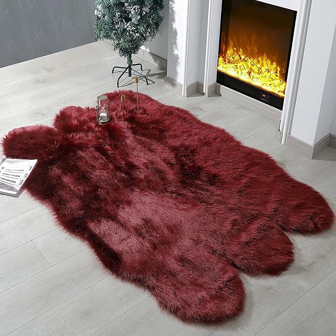 Faux Fur Rug Sheepskin Shag Fluffy Fuzzy Red 4x6 ft Rugs for Bedroom Bedside Bed Floor Living Room Plush High-Density Cushion Carpet Super Sofa Cover