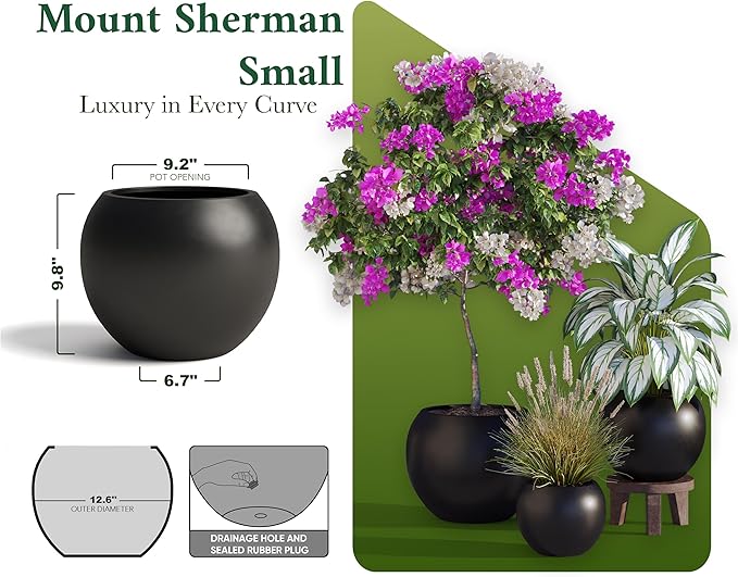 DTY Signature Mount Sherman Modern Indoor Outdoor Fiberstone Sphere Planter, Durable Round Garden Pot, Weather Resistant, Drainage Hole & Rubber Plug - Small, Black