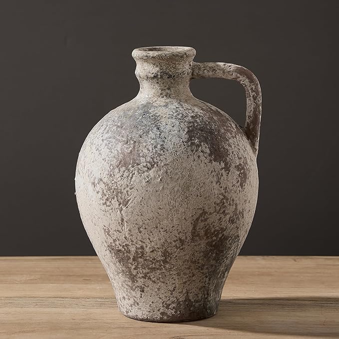 LUKA Ceramic Rustic Farmhouse Vase,8.25 inch Terracotta Vase with Handle,Neutral Clay Pot Vases Decorative Vase for Living Room,Table,Shelf Decor(Brown,M)