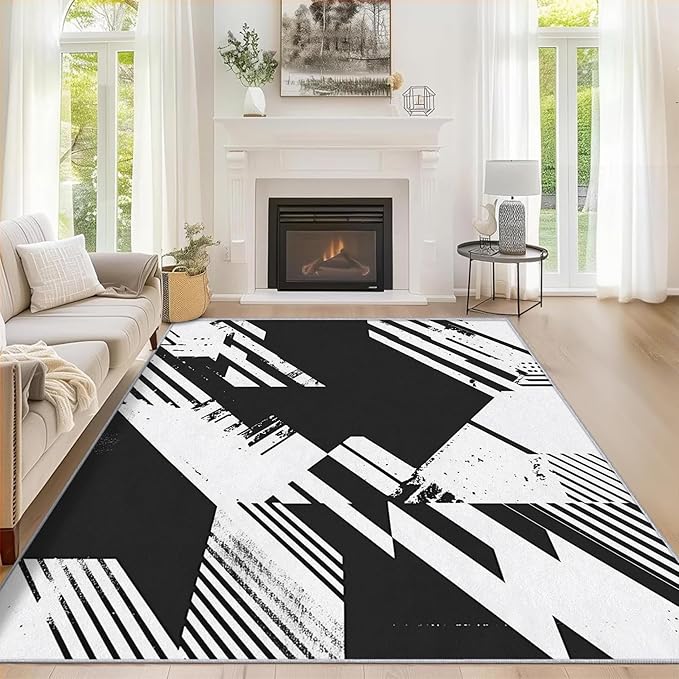 Black and White Rugs for Home Decor, 4x5 ft, Abstract Geometric Area Rugs for Living Room, Soft Non Slip Washable Modern Minimalist Carpet Bedroom Decorations Dt-Ghf-31
