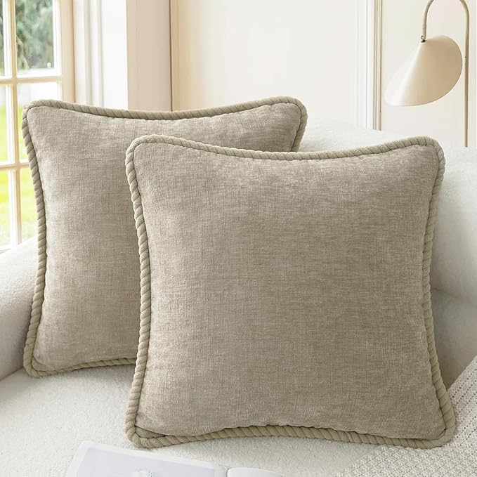 CaliTime Decorative Couch Throw Pillow Covers 18 X 18 Inches Pack of 2 Cozy Chenille Piping Edge Cushion Cases for Sofa Bed Living Room Home Light Taupe