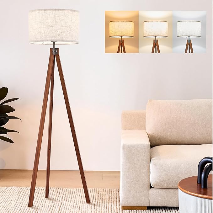 ELYONA Solid Wood Tripod Floor Lamp with 3 Color Temperatures LED Bulb, Mid Century Modern Reading Standing Light Nature Linen Shade Tall Night Light for Bedroom Living Room Office Study Room, Brown