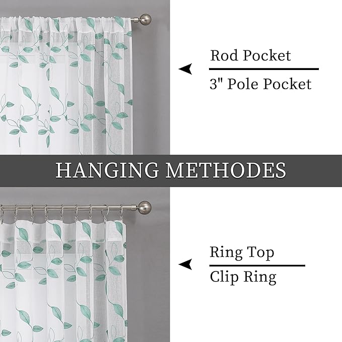 Tollpiz Teal Blue Leaf Sheer Curtain Leaves Embroidered Living Room Curtains Rod Pocket Voile Window Treatment for Bedroom, 54 x 72 inches Long, Set of 2 Panels