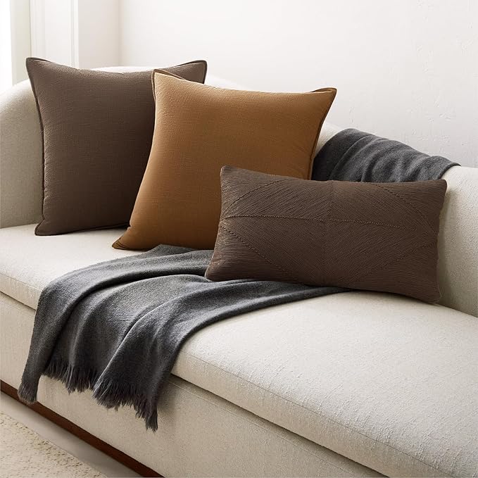 Linen Soild Decorative Pack of 4 Throw Lumbar Pillow Covers Soft Accent Farmhouse Gold Brown Cushion Case 12x20 Inch Rectangle Pillowcase for Chair Couch Sofa Bedroom Living Room