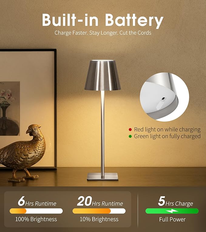 UME Cordless Table Lamp, Battery Operated Lamp - Portable Waterproof Rechargeable Table Lamp w/ 3 Color Temps & Stepless Dimming for Dinner, Desk, Cafe, Outdoor (Brushed Silver)