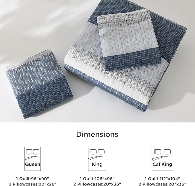 Litanika California King Quilt Set Navy Blue, Stripe Bedspread Coverlet 3 Pieces, Lightweight Quilted Bedding Set for All Season(1 Quilt, 2 Pillowcases)