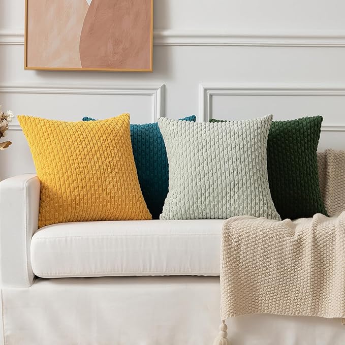 Kevin Textile 2 Packs Decorative Throw Pillow Covers for Couch Striped Velvet Boho Cushion Covers for Chair 40x40 cm 16 x 16 Inch Yellow