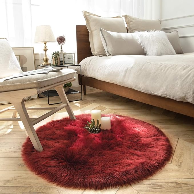 Ashler faux fur rug, Fluffy Shaggy Area Rug Ultra Soft 3 x 3 Feet Round Fur Rug, Deep Red Fuzzy Rug Machine Washable Shag Rug, Nursery Decor Throw Rugs for Bedroom, kids room, Living Room
