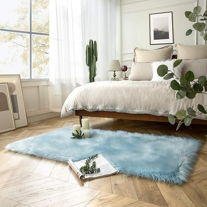 Ashler faux fur rug, Fluffy Shaggy Area Rug Ultra Soft 3 x 5 Feet Rectangle Fur Rug Light Blue Fuzzy Rug Machine Washable Shag Rug, Nursery Decor Throw Rugs for Bedroom, kids room, Living Room