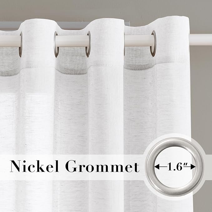 H.VERSAILTEX White Linen Sheer Curtains for Living Room Farmhouse Flax Linen Blended Curtain Panels Light Filtering Privacy Curtains 84 inch Length 2 Panels Grommet Drapes, 52" W x 84" L, Pure White