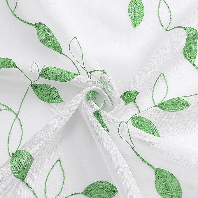 Tollpiz Green Leaf Sheer Curtain Leaves Embroidered Bedroom Short Curtains Rod Pocket Voile Window Treatments for Living Room, 38 x 45 inches Long, Set of 2 Panels