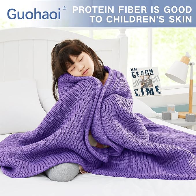 Guohaoi Knitted Weighted Blanket Kids (Purple 50"x60" 10lbs) No Beads Cooling Heavy Blanket, Home Decor Breathable Chunky Knit Throw Blanket for All-Season Use