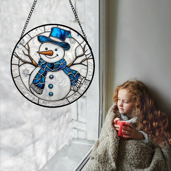 Stained Glass Window Hanging Christmas Snowman Blue White 9.8" - Suncatcher Door Garden Sun Catcher Home Decor Birthday Mother's Day Xmas Gift for Mom Men Woman Her Nana Parents Girl