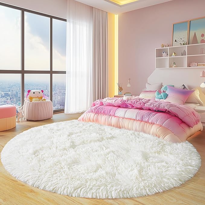 Round Fluffy Rugs 6Ft for Girls Bedroom, Cream White Shag Circle Kids Rug Non-Slip for Bedside Dorm Nursery Playroom, Soft Cute Area Rugs for Living Room Decor