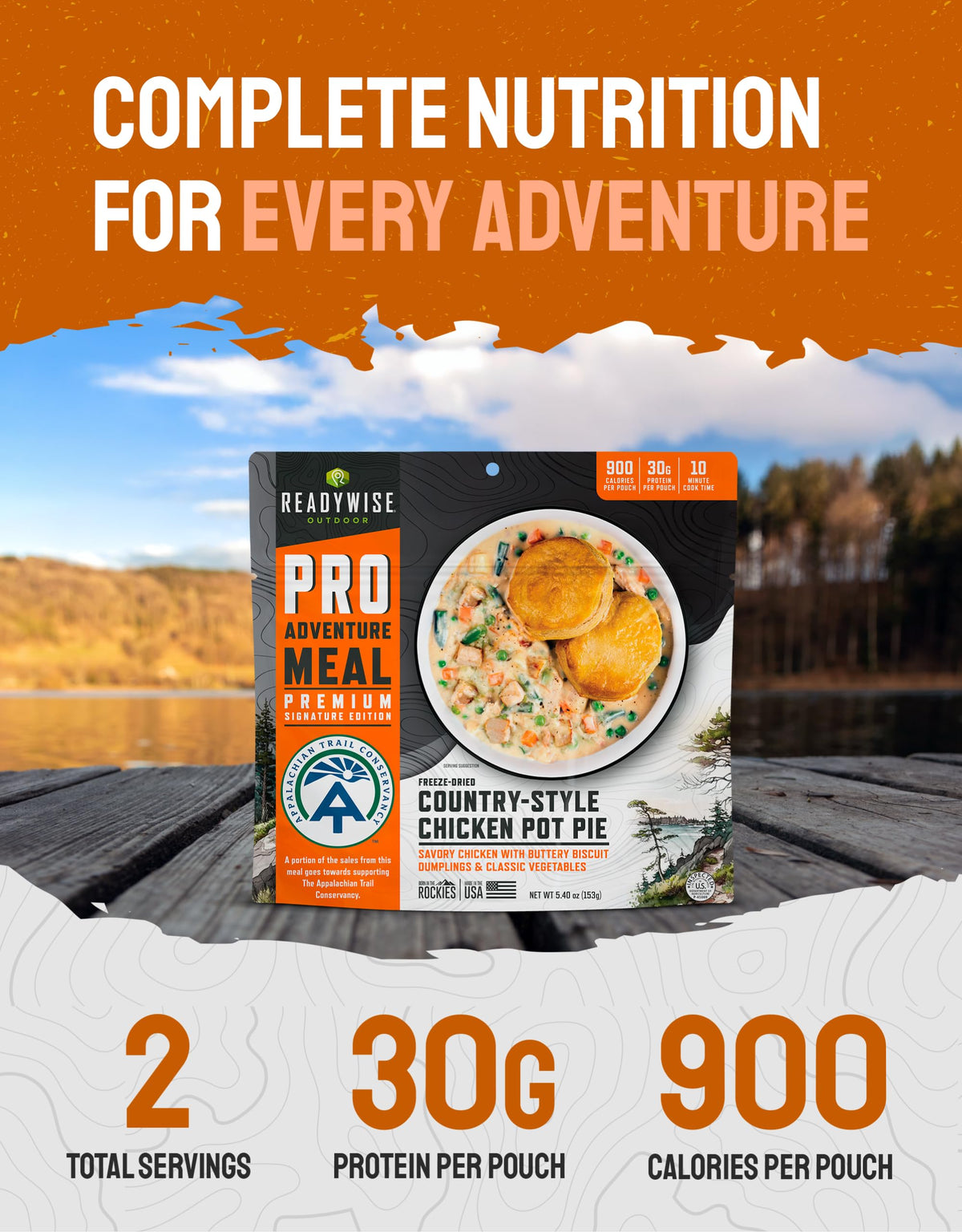 ReadyWise Outdoor Pro Adventure Meal - Country-Style Chicken Pot Pie, 2 Servings, 1 Pouch, 900 Calories, 30g Protein, Freeze Dried Food & Dehydrated Backpacking Camping Meals, up to 5 Year Shelf Life