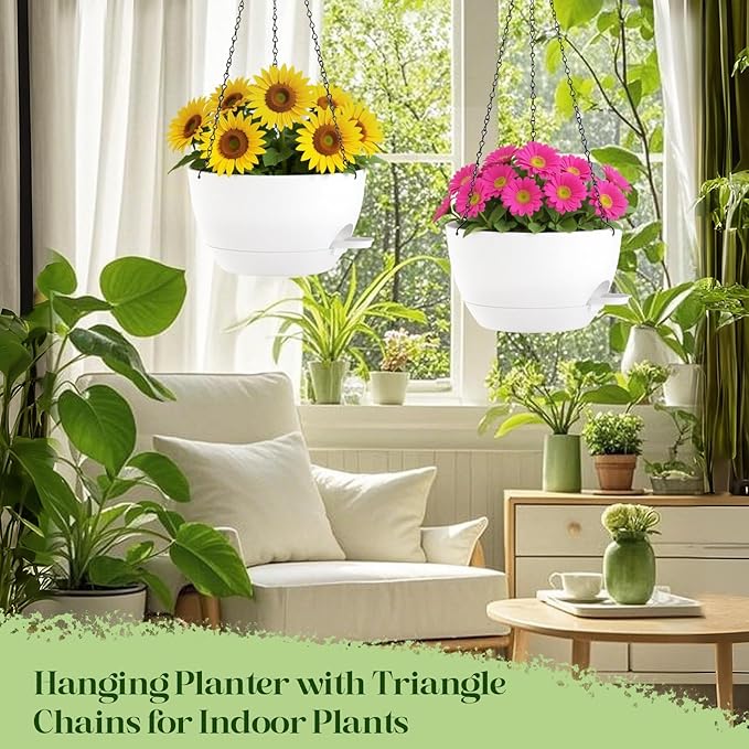 10 Inch Hanging Planters with Chains 2 Pack Self Watering White Plastic Hanging Pots for Indoor Outdoor Plants, Garden Porch Home Decor (White)