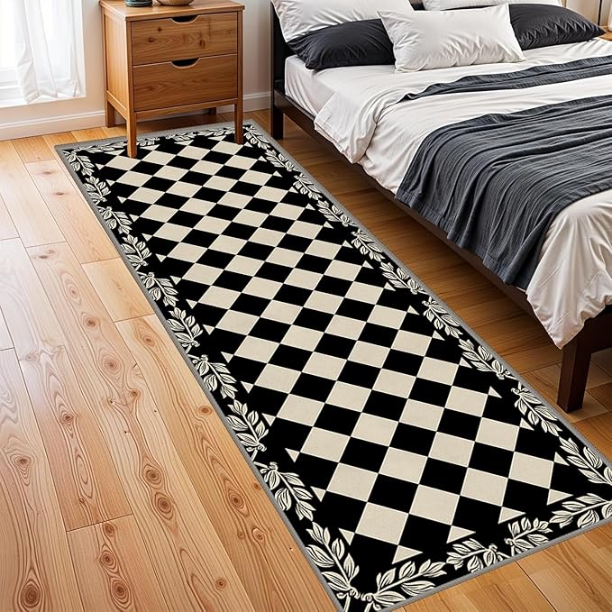 Modern Black White Checkered Pattern Runner Rug, 2.6x10ft, Abstract Neutral Farmhouse Decor Rugs for Living Room, Non-Shedding Low Pile Soft Foldable Carpet for Family Kitchen