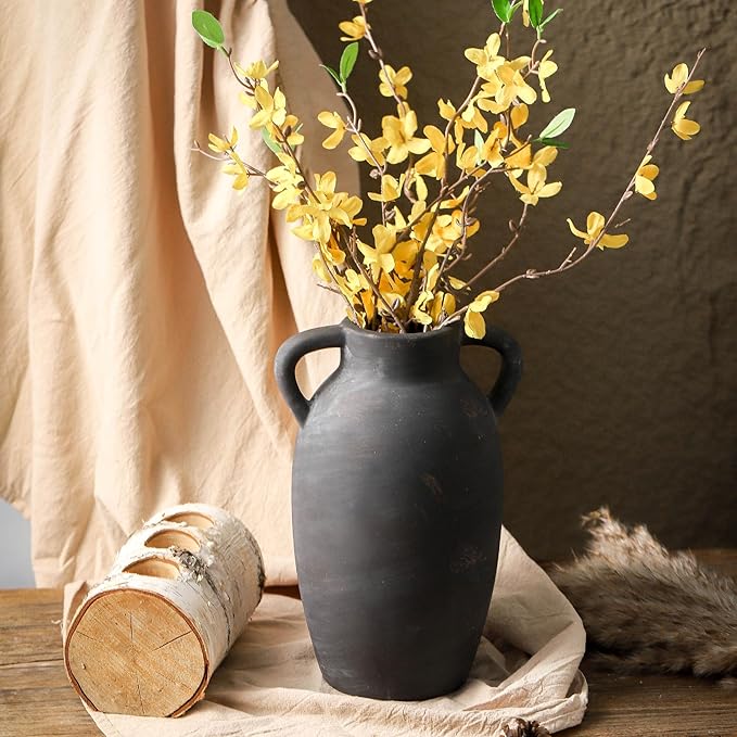 Terracotta Farmhouse Flower Vase, 9.6 Inch Ceramic Rustic Vase with 2 Handles, Decorative Vase Boho Decor for Home Decor, Table, Living Room, Shelf Decoration