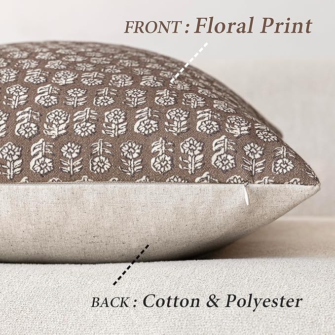 Foindtower Set of 2 Decorative Neutral Floral Print Throw Pillow Covers Vintage Accent Farmhouse Cushion Covers Boho Home Decor for Sofa Couch Chair Bedroom Living Room,22×22 Inch,Brown