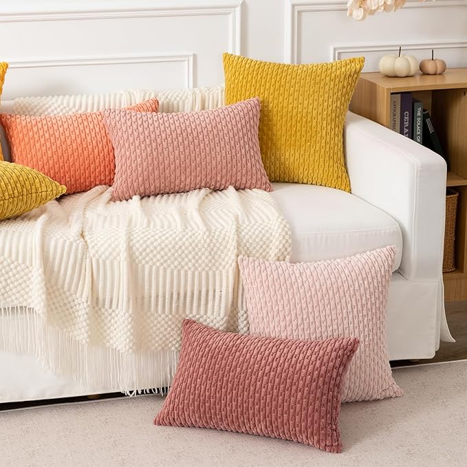 Kevin Textile Throw Pillow Covers Soft Corduroy Decorative Set of 2 Boho Striped Pillow Covers Pillowcases Farmhouse Home Decor for Couch Bed Sofa Living Room 22x22 Inch Mustard Yellow