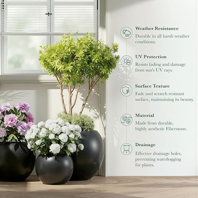 DTY Signature Mount Sherman 19.7''D x 21.7''H Modern Indoor Outdoor Fiberstone Sphere Planter, Durable Round Garden Pot, Weather Resistant, Drainage Hole & Rubber Plug - Large, Black