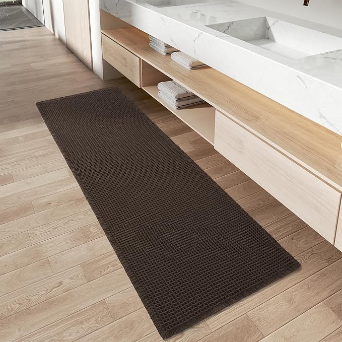 Upgraded Waffle Runner Rug Super Absorbent Non Slip Bath Mats for Bathroom Machine Washable Bathroom Runner Rug with Tassels, Ideal for Hallway Bedroom Laundry Room, Chocolate, 2'x 6'(24" x 72")