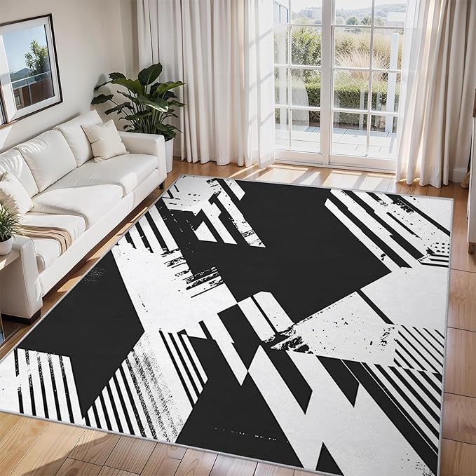Black and White Rugs for Home Decor, 3x5 ft, Abstract Geometric Area Rugs for Living Room, Soft Non Slip Washable Modern Minimalist Carpet Bedroom Decorations Dt-Ghf-31