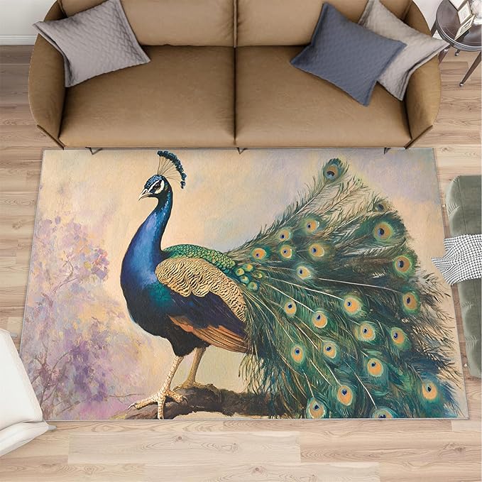 Peacock 4x5 Area Rugs for Living Room, Classic Animal Washable Non Slip Rugs, Gorgeous Feathers Low Pile Print Rug for Bedroom, Dining Room, Home Office