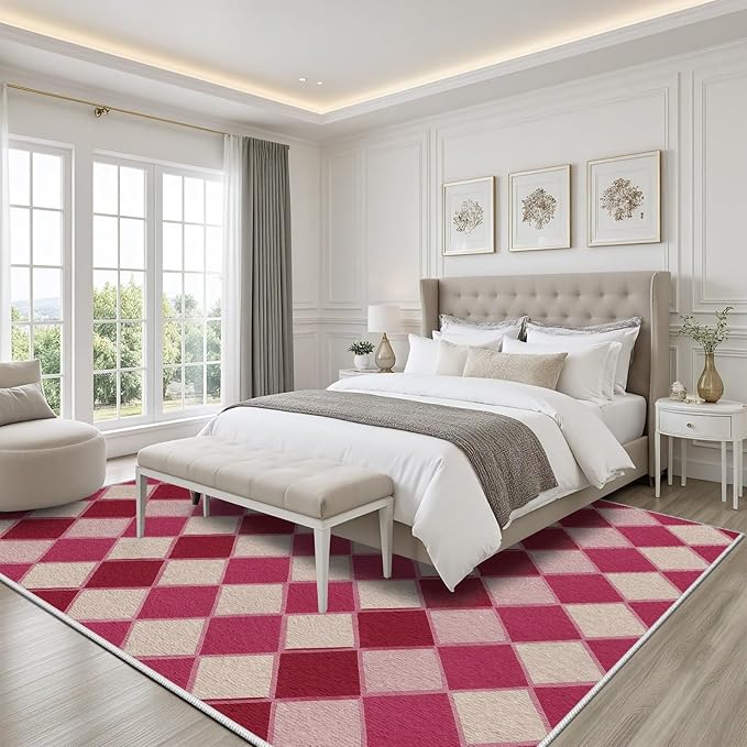 Plaid Rug, Soft Ultra Soft Faux Wool Rhombus Geometric Rugs, Indoor Floor Mats Carpet, Non Slip&Non-Shedding Low Pile Washable Rugs, Modern Red 7x10 Area Rug for Bedroom Home Decor